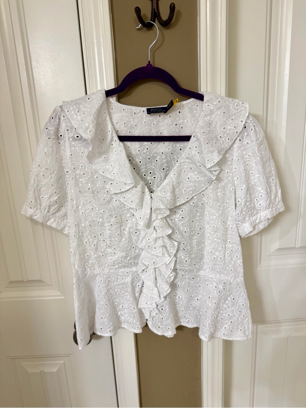Ralph Lauren White Eyelet Ruffle V-Neck Blouse